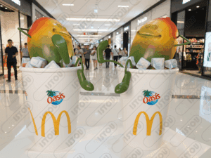 Gobelet de jus accompagné d’un personnage manga en pose relaxante.