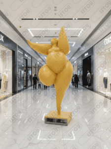 Sculpture contemporaine féminine en résine jaune, œuvre artistique monumentale.