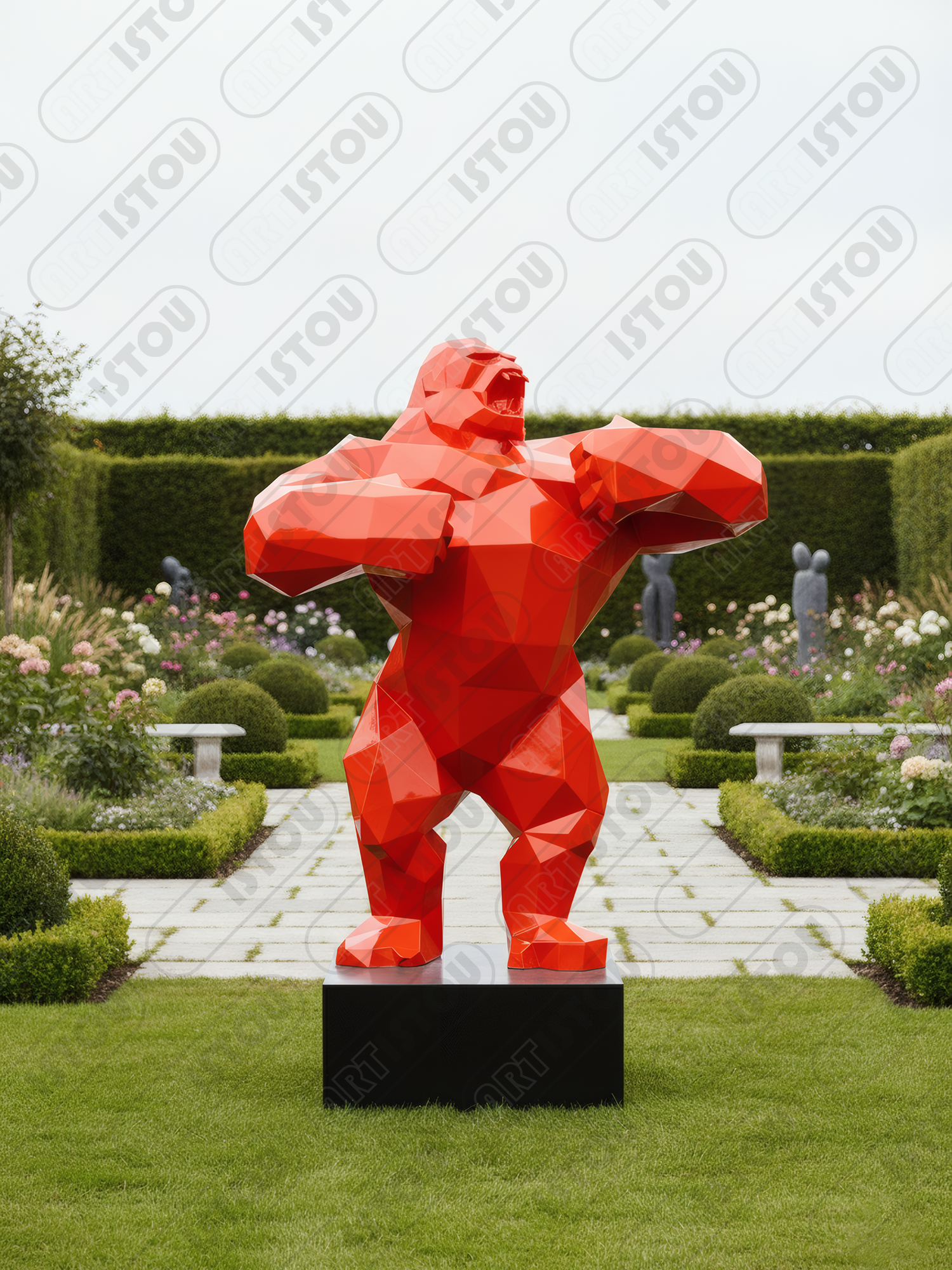 Sculpture design représentant un gorille en style origami, pièce décorative moderne.