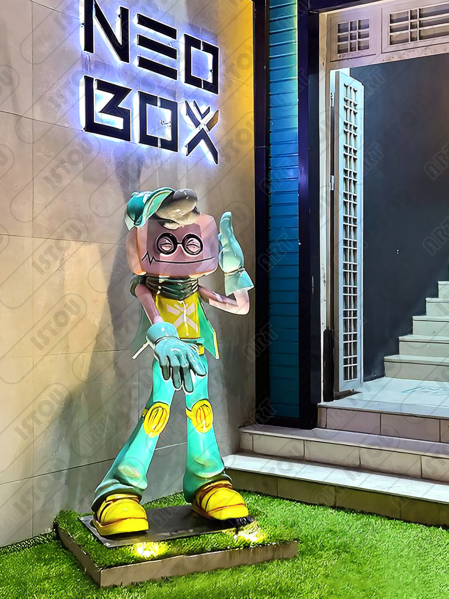 Mascotte Neo Box représentant la marque avec un design moderne et dynamique.