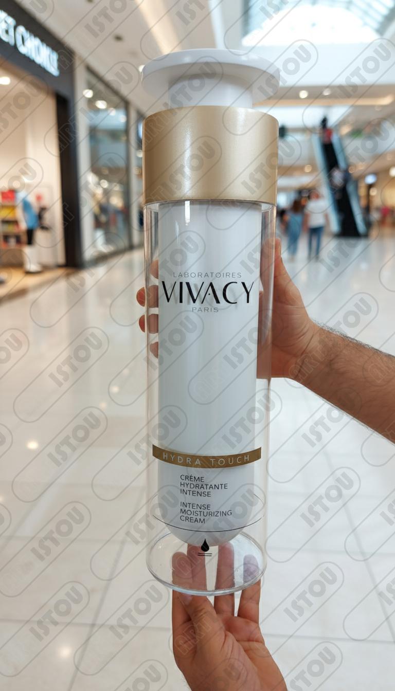 L'élégance cosmétique en sculpture : le flacon Hydra Touch de Vivacy Paris magnifié dans un atelier de création.