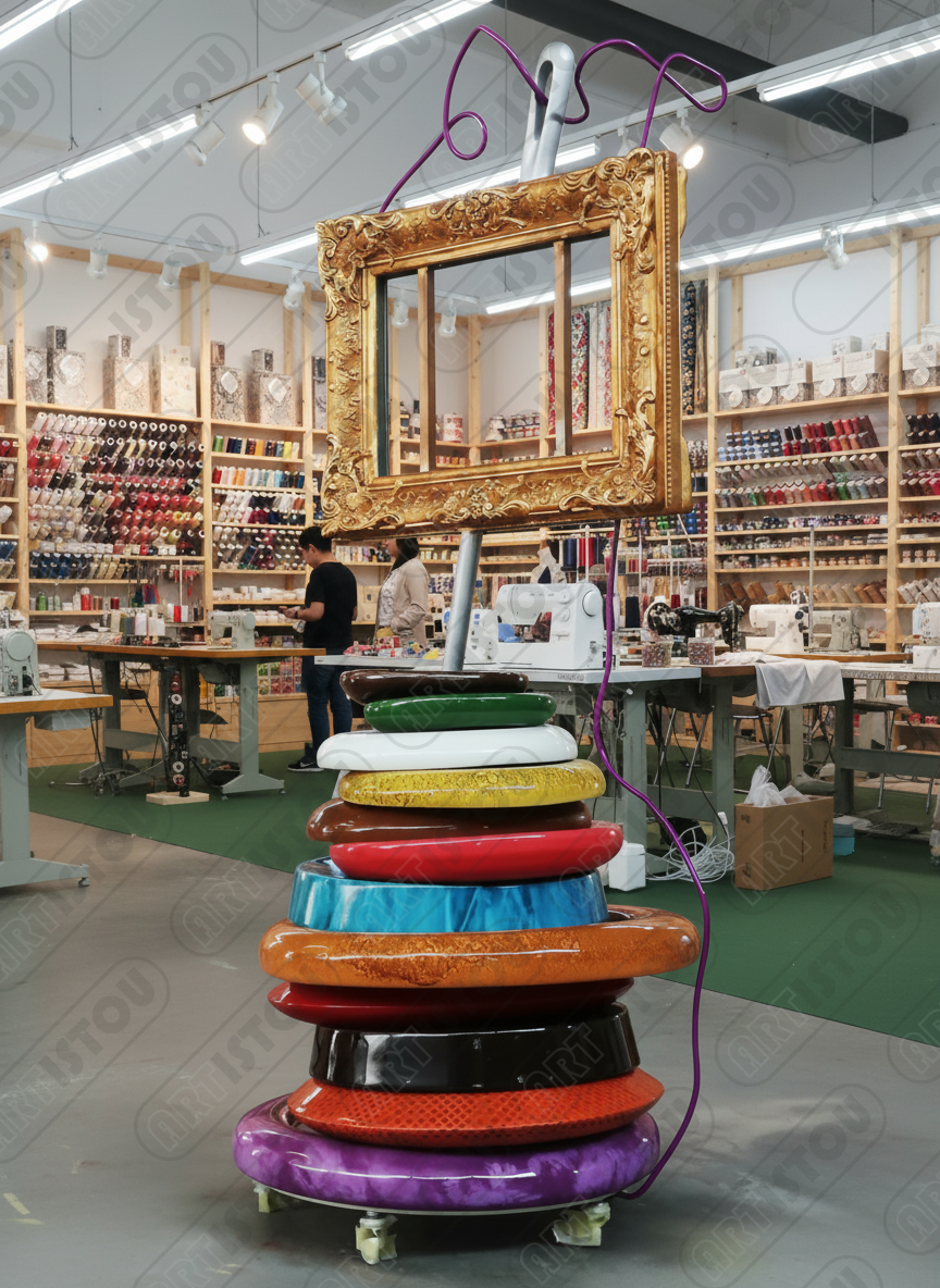 Sublime composition de matériel de couture vintage : fils, boutons et aiguille mis en scène dans un cadre doré. Une image inspirante pour l'artisanat d'art.